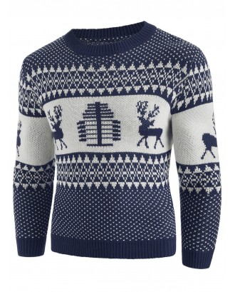 Christmas Deer Print Crew Neck Sweater - Denim Dark Blue 2xl