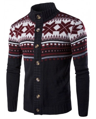 Geometric Snowflake Pattern Christmas Knitted Cardigan - Black M