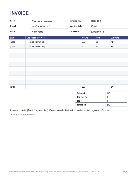 Preview of the first page of Hourly invoice