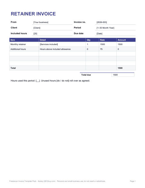 Preview of the first page of Monthly retainer invoice