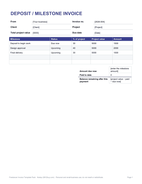 Preview of the first page of Deposit & milestone invoice